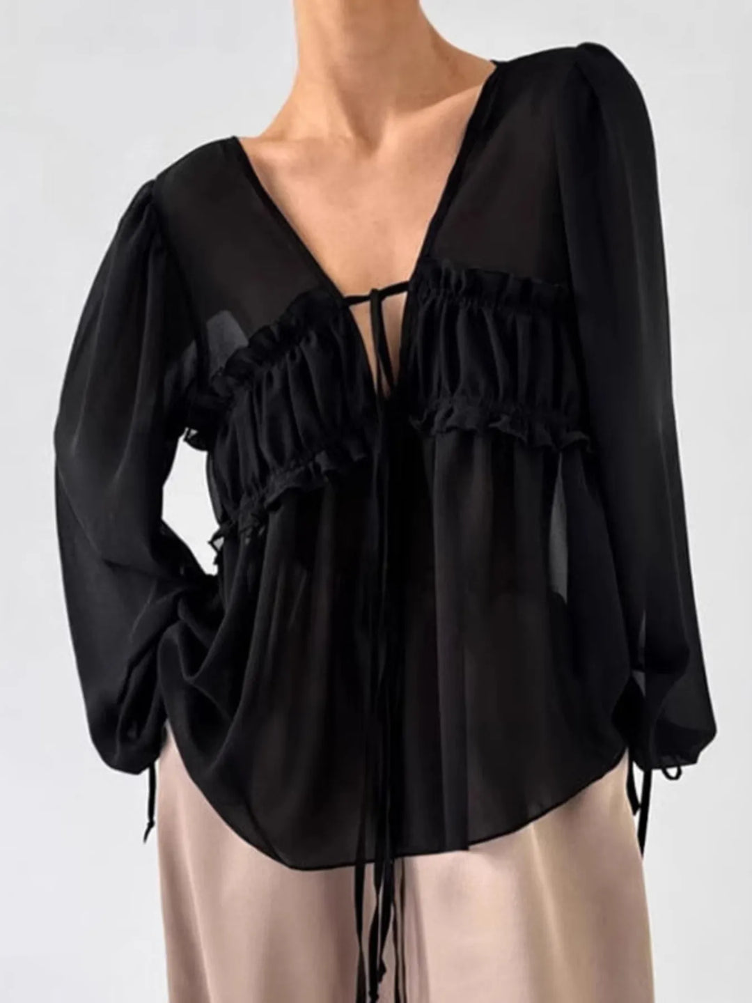 Ruffled Tie Front Long Sleeve Blouse