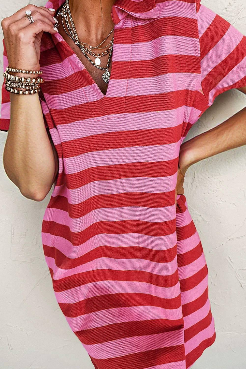 Red Stripe Textured Knit Collared V Neck Shift T Shirt Dress