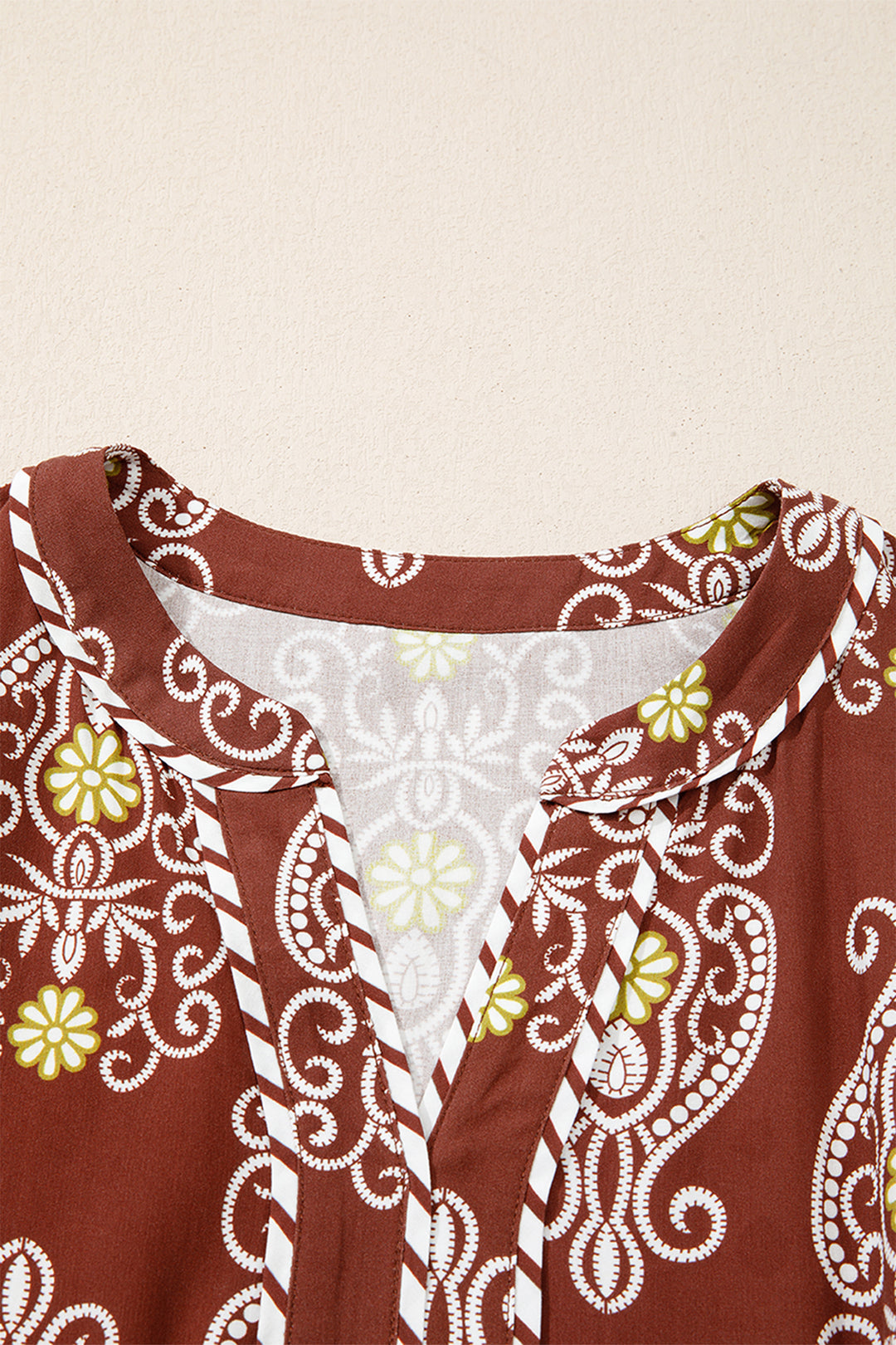 Brown Floral Print Belted Striped Trim Tiered Maxi Dress