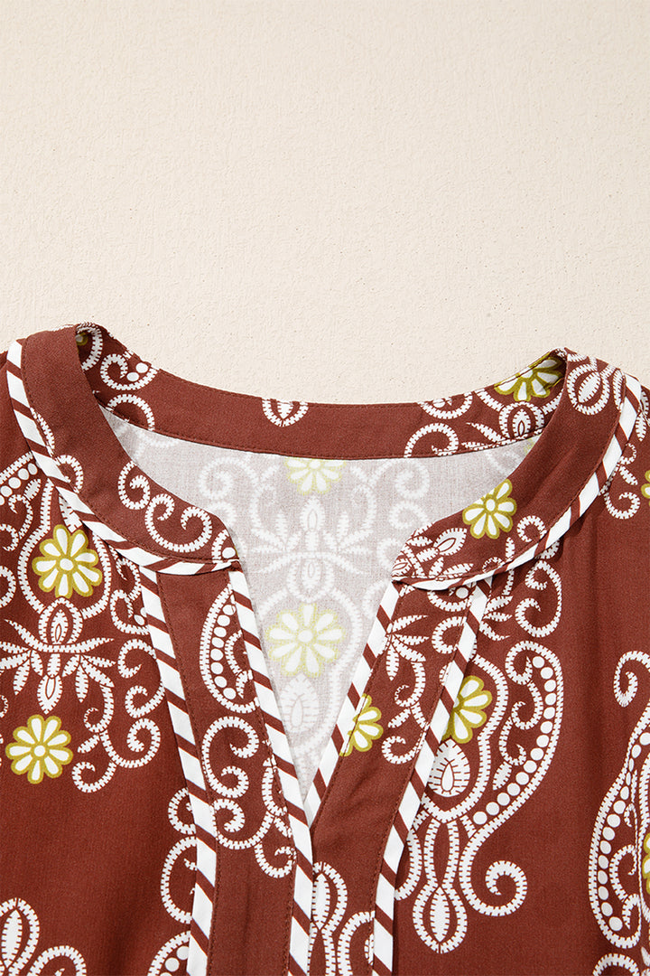 Brown Floral Print Belted Striped Trim Tiered Maxi Dress
