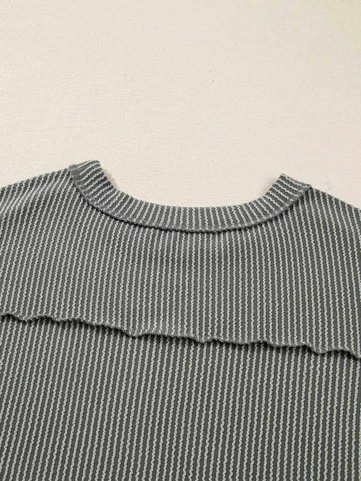 Twist Ribbed Exposed Seam Detail Long Sleeve Loose Top