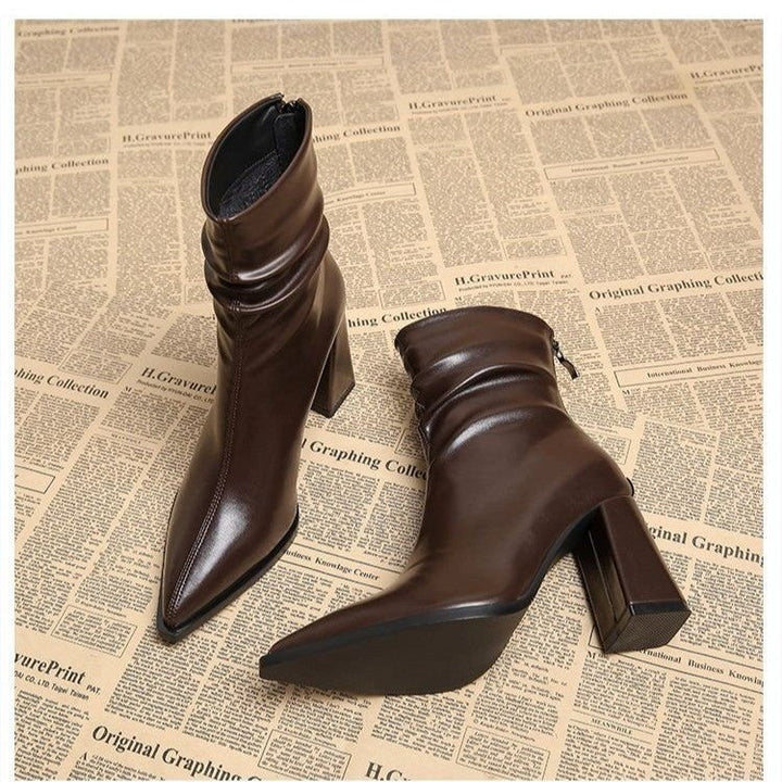 Pointed-toe Velvet-lined Warm High-heeled Boots For Women