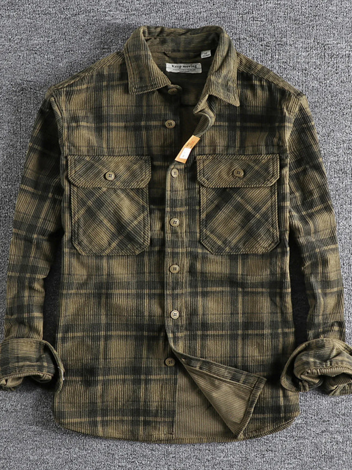 Men's Plus Size Button Down Plaid Corduroy Shirt with Chest Pockets