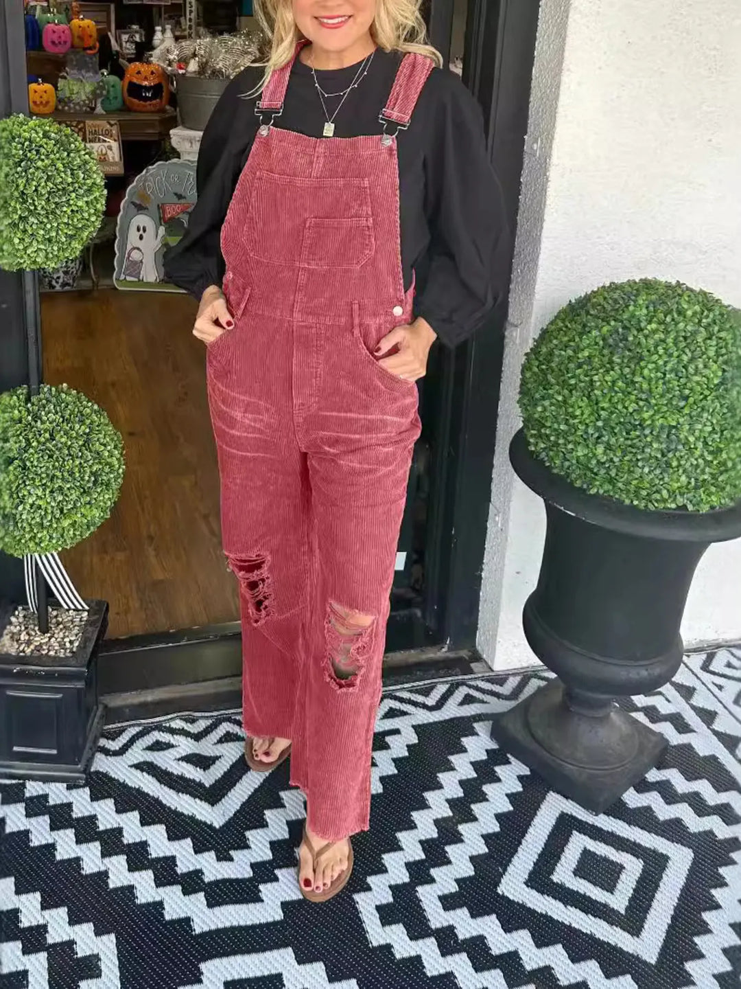 Distressed Wide Leg Corduroy Overalls