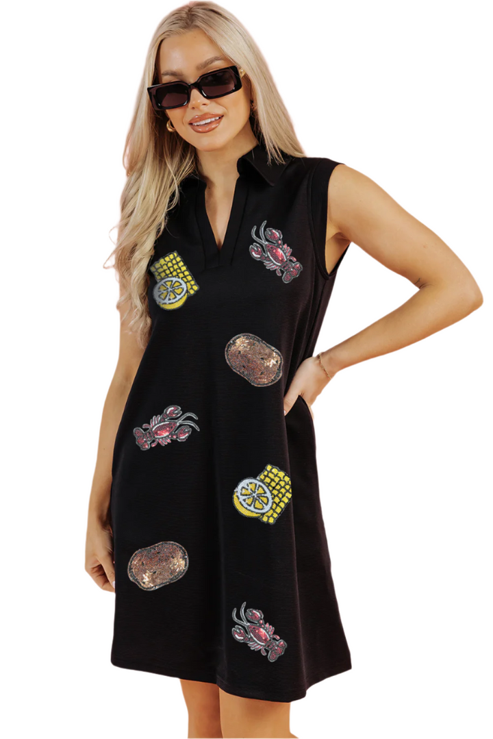 Black Sequin Patched V Neck Collared Mini Dress