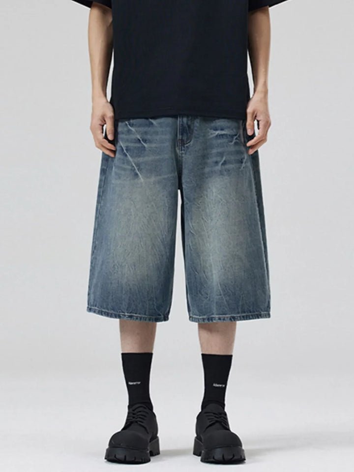 Men's Wide Leg Washed Denim Shorts