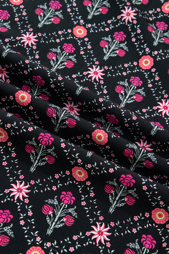 Black Contrast V Neckline Bracelet Sleeve Vintage Floral Blouse
