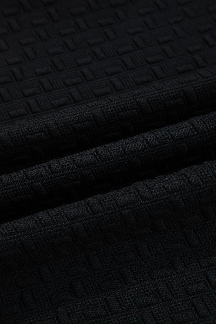 Black Stylish Textured Striped Patchwork Polo Collar Pullover Sweatshirt