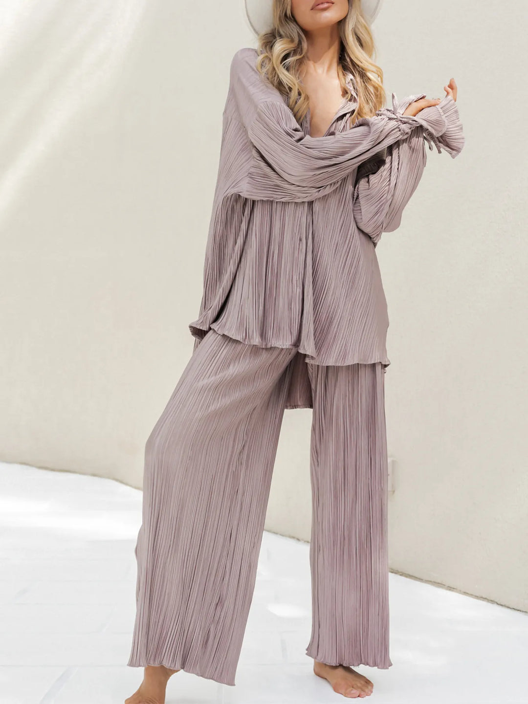 Button Up Long Sleeve Top and Pants Set