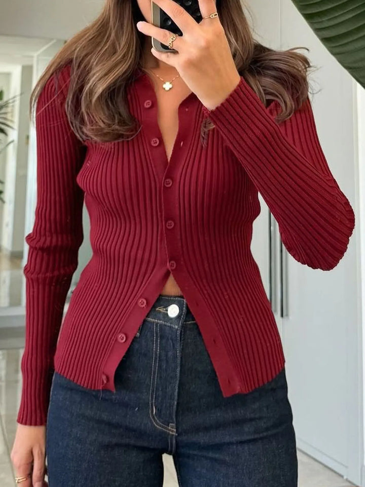Ribbed Button-Front Long Sleeve Cardigan