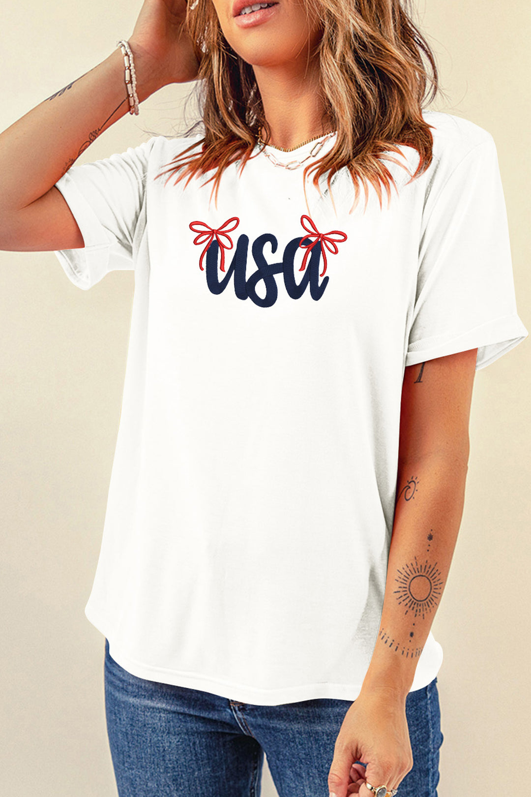 White USA Lettering Bow Embroidered T Shirt