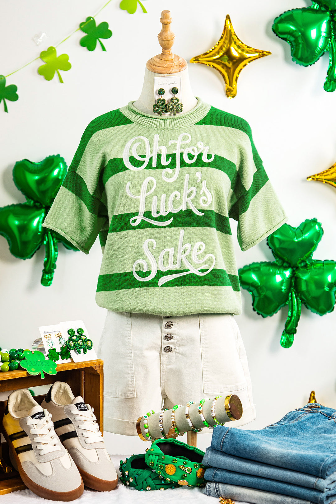 Green Stripe Oh for Lucks Sake St Patricks Day Short Sleeve Sweater