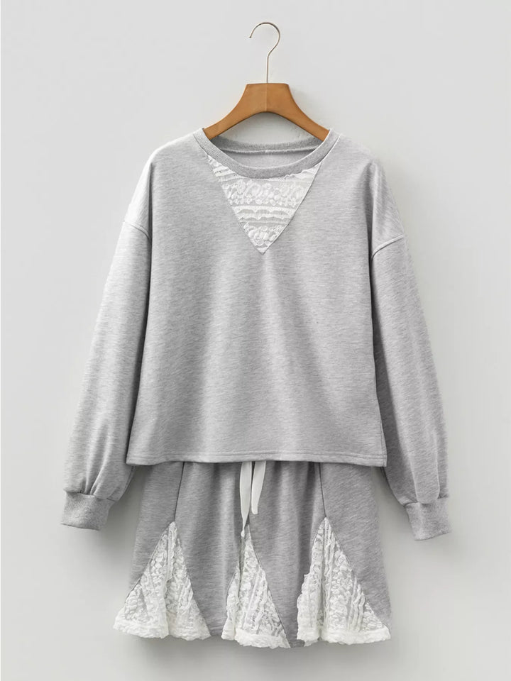 Lace Patchwork Drop Shoulder Top and Drawstring Skort 2pcs Outfit