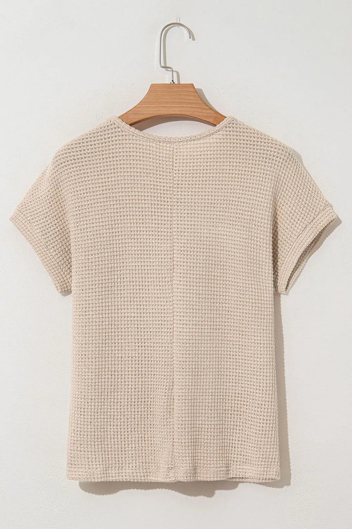 Lace Patchwork Waffle Short Sleeve Knit Top