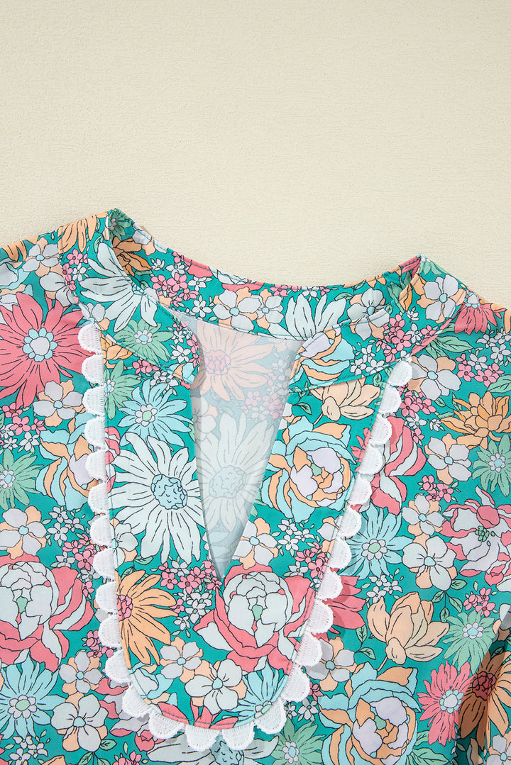 Multicolour Notched Neck Puff Short Sleeve Floral Blouse
