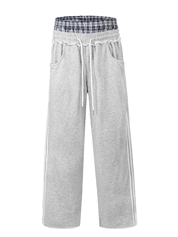 Men's Contrast Plaid Waistband Drawstring Wide Leg Pants
