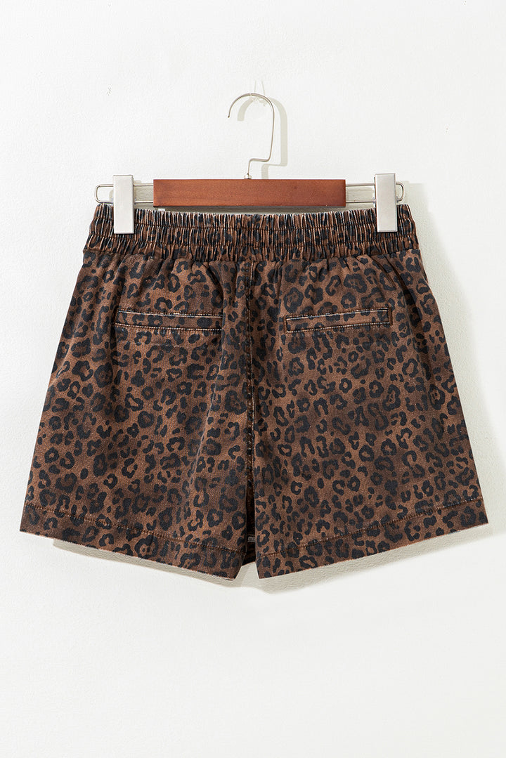 Brown Leopard Print Elastic Waistband Drawstring Denim Skort
