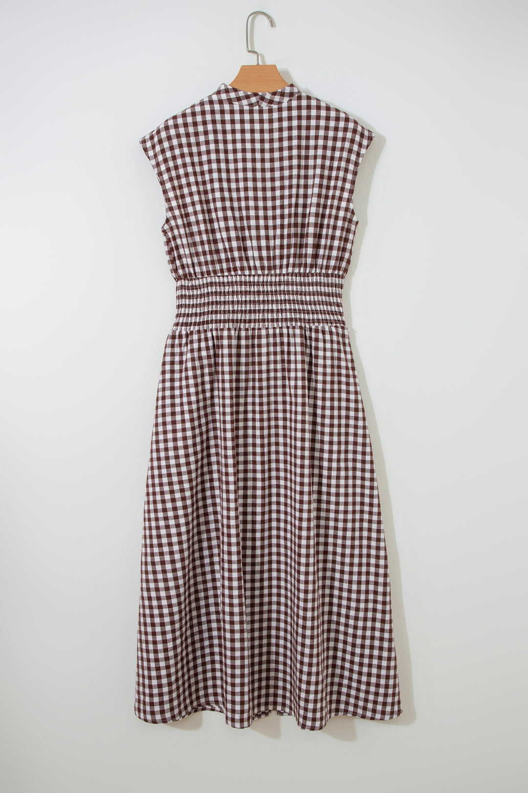 Coffee Plaid Print Full Zipper Cinched Waist Fit Flare Sleeveless Maxi Dress