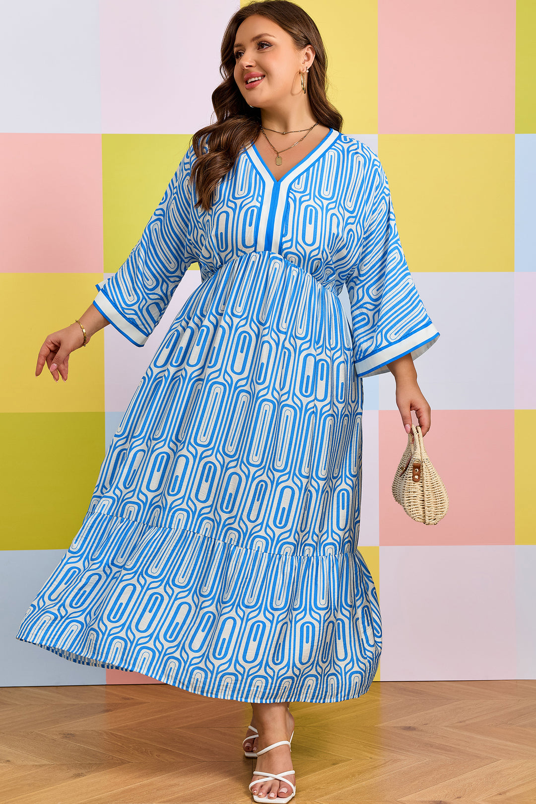 Sky Blue Plus Size Geometric Print Contrast Trim V Neck Bracelet Sleeve Long Dress