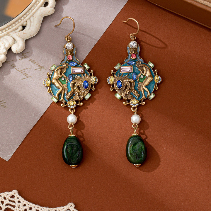Portrait-pattern Pearl Enamel Gemstone Earrings