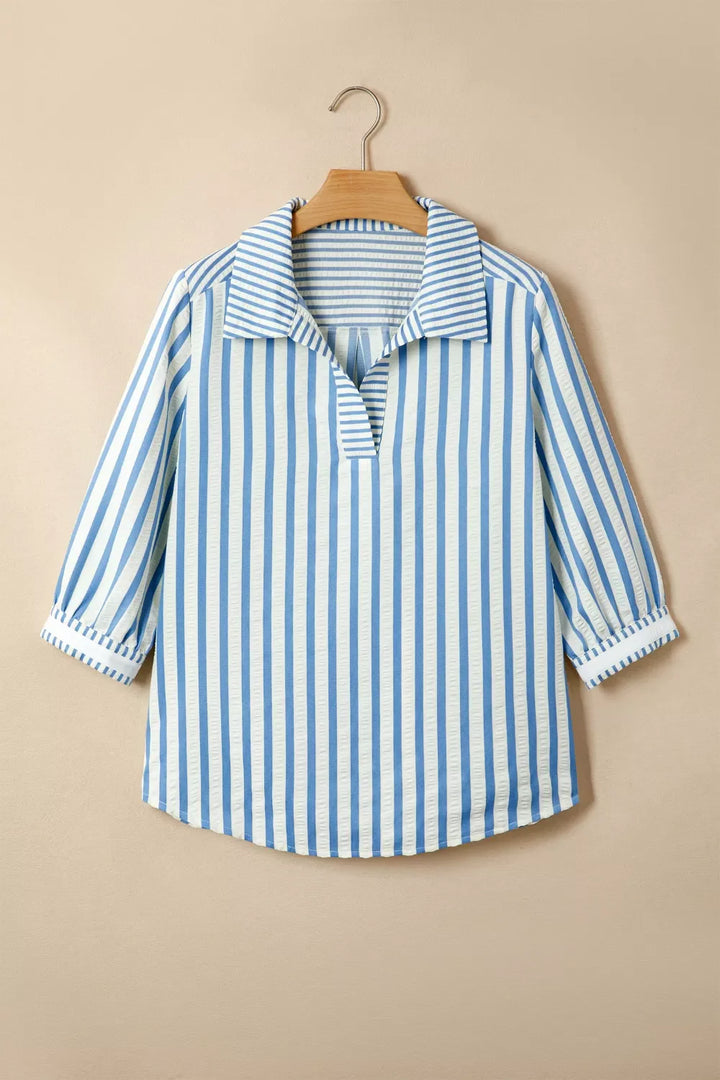 Stripe 3/4 Sleeve Collared Neck Blouse
