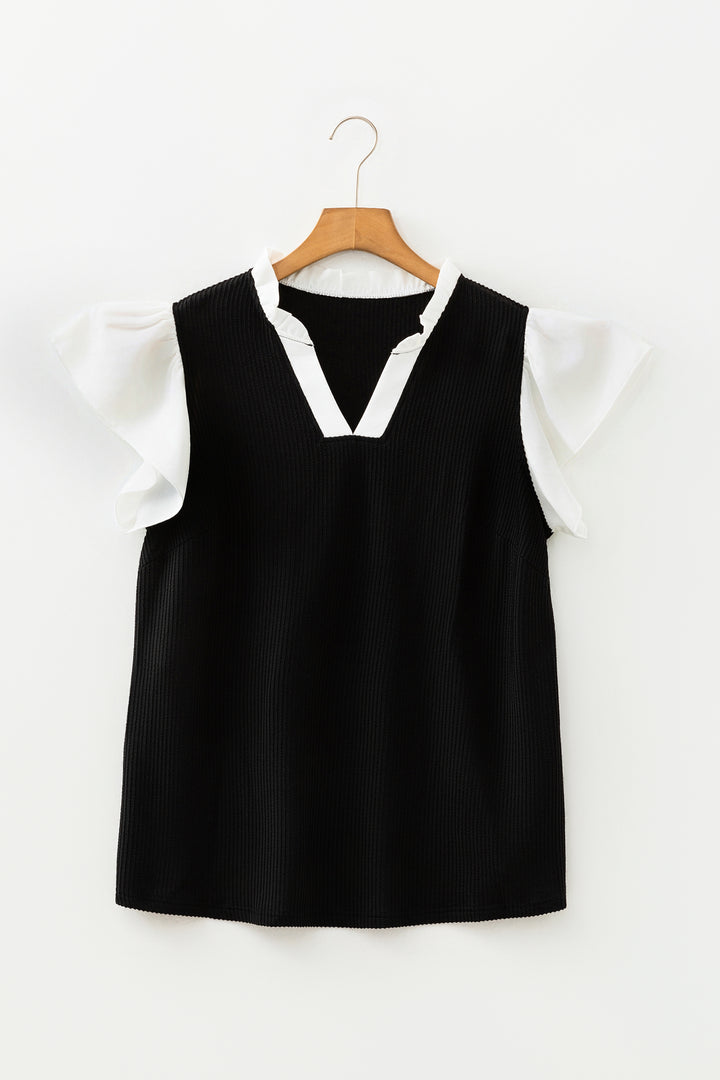 Black Plus Size Contrast Frilled Neckline Ruffled Short Sleeve Ribbed Textured Blouse