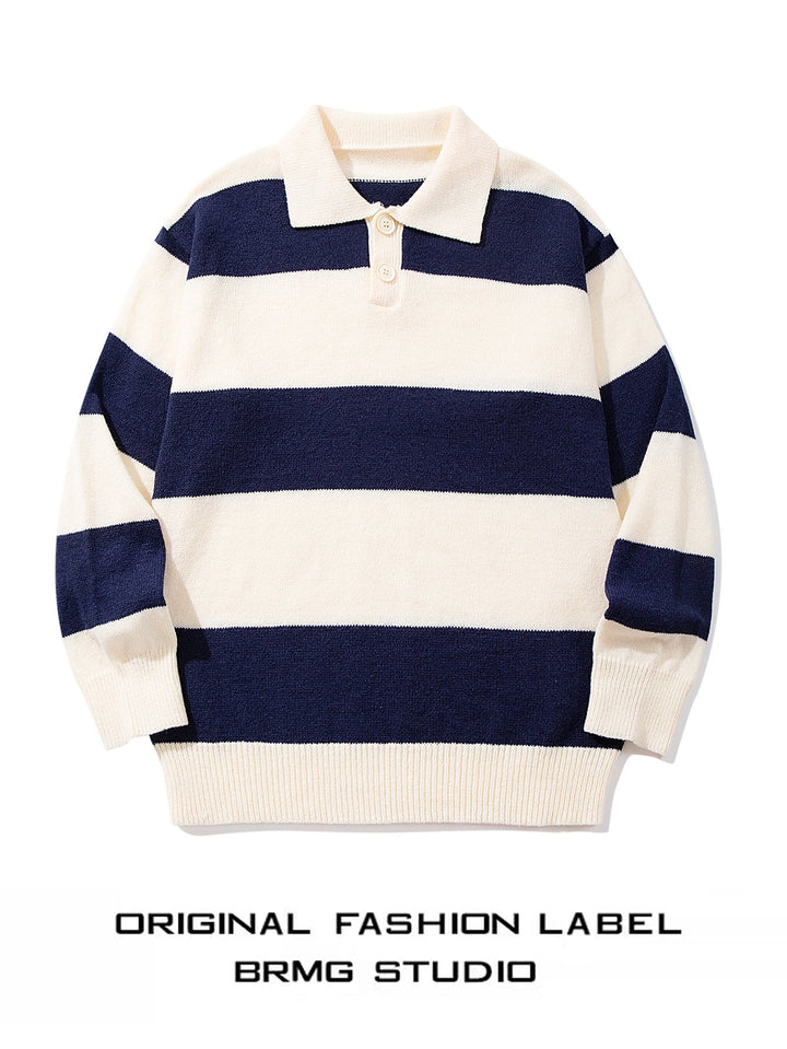 Mens Striped Knit Sweater With A Contrasting Color Collar
