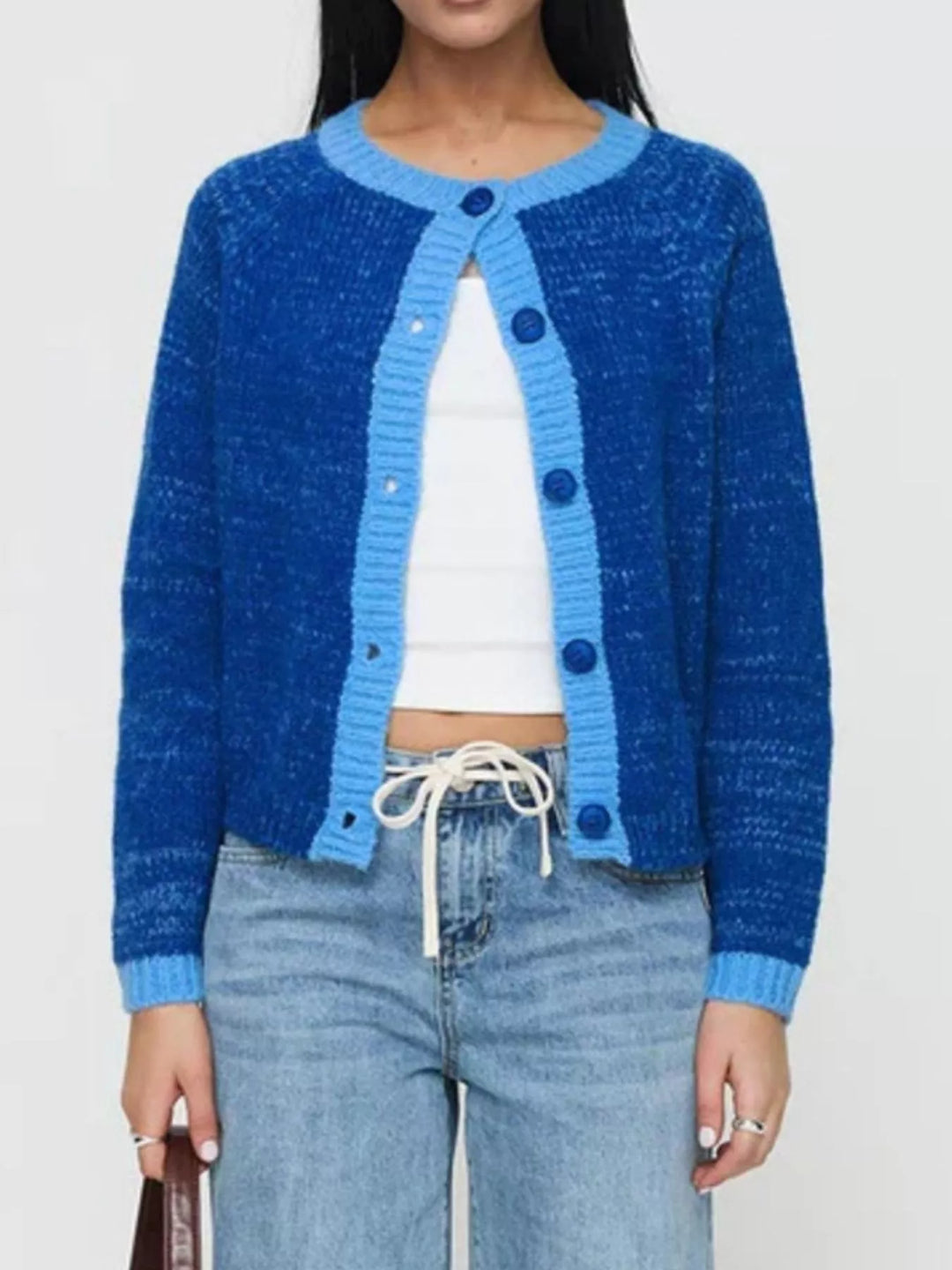 Contrast Trim Button-Up Cardigan