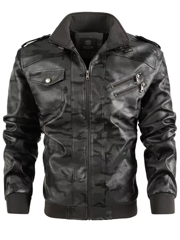 Men's Full Size Zip Up Camouflage Faux Leather Jacket Plus Size