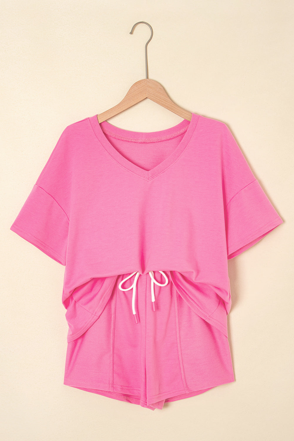 Bonbon V Neck Drop Shoulder Tee and Patchwork Drawstring Shorts Set