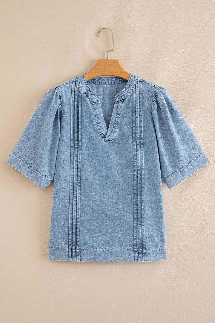 Myosotis Pintuck Pleats Puff Sleeve Split V Neck Summer Denim Top