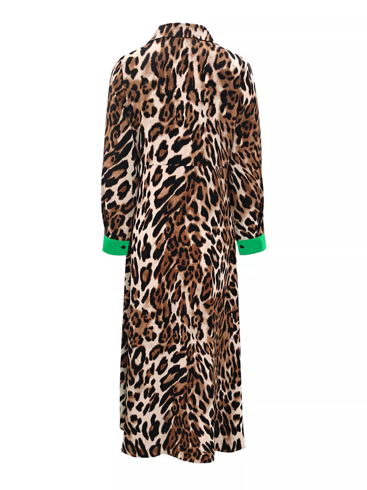 Leopard Print Long Sleeve Shirt Dress with Contrast Trim