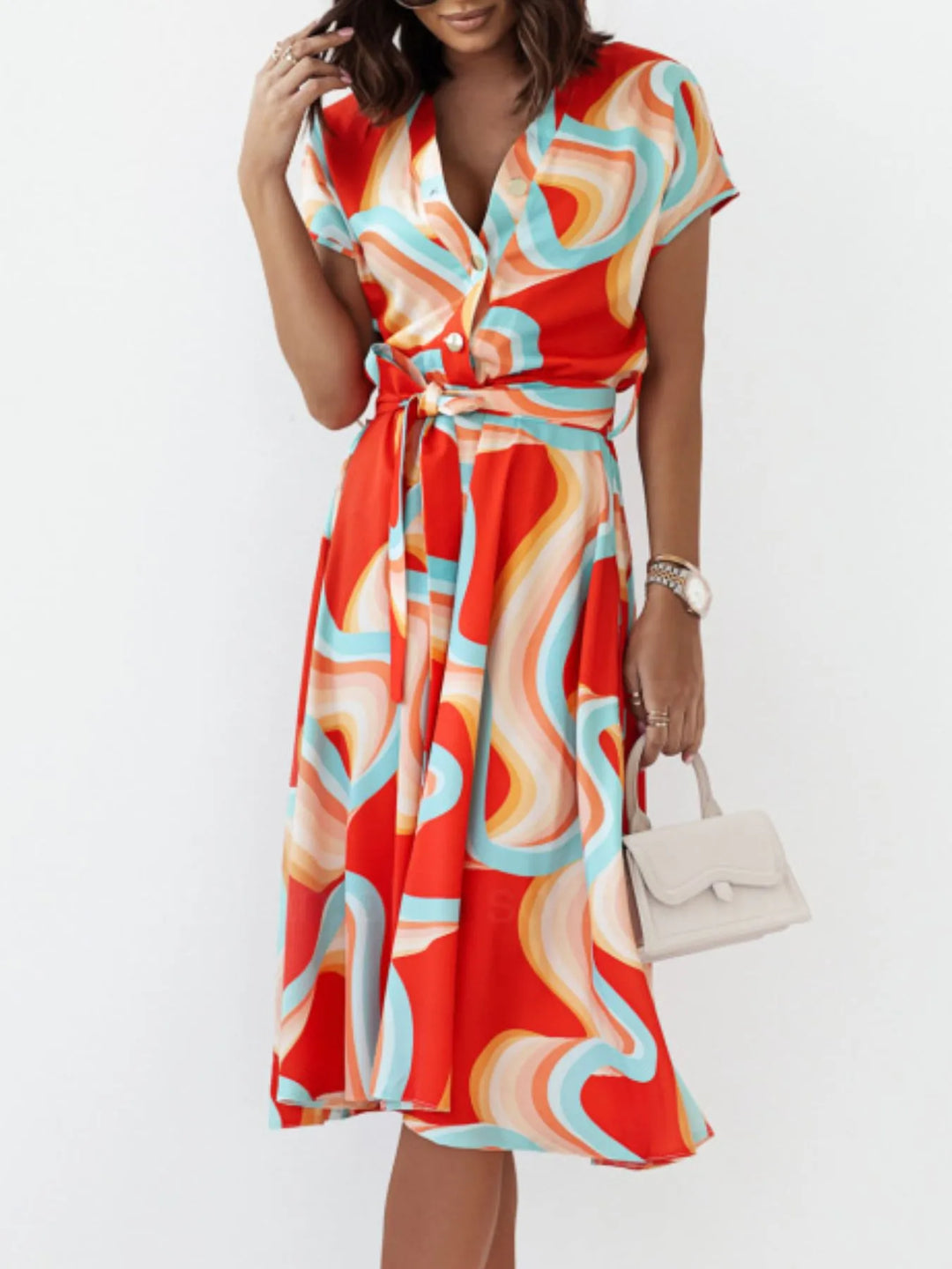 Printed Button Front Midi Dress with Belt