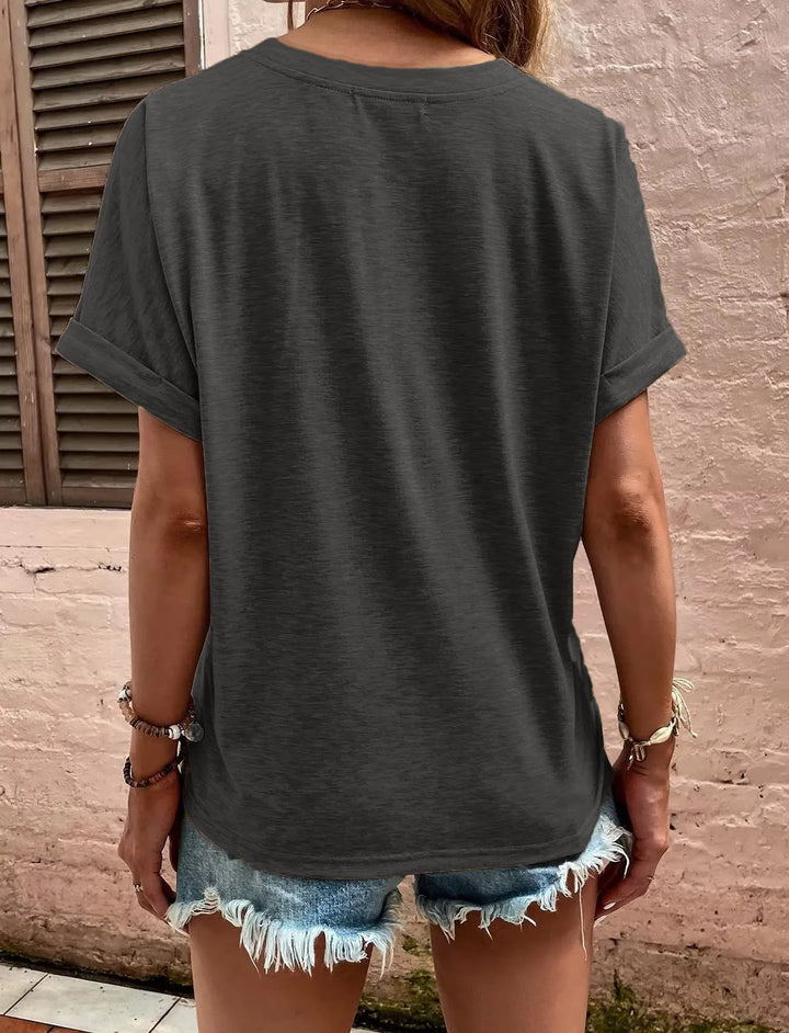 Full Size Notched Short Rolled Sleeve Top Plus Size