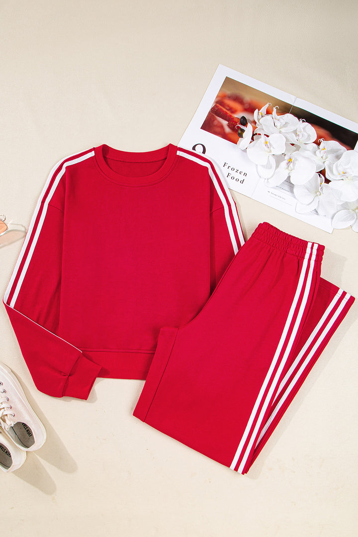 Fiery Red Varsity Striped Detail Crewneck Pullover Elastic Sweatpants 2pcs Outfit