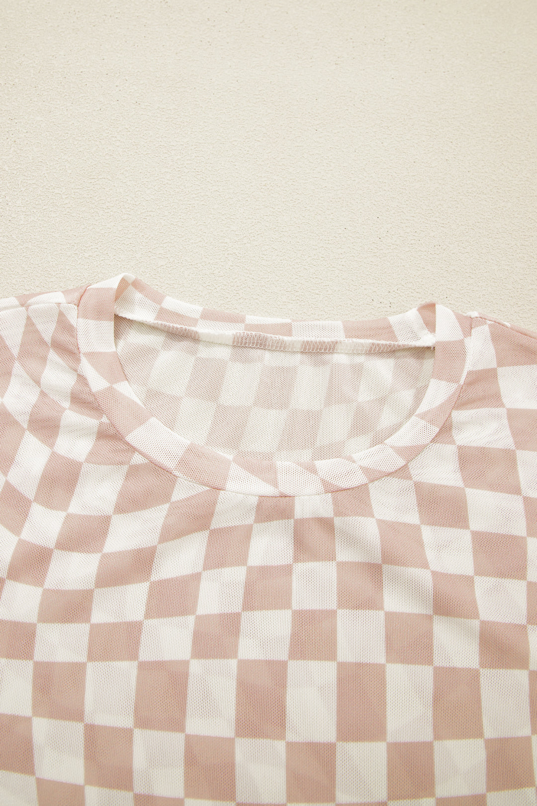 Khaki Checkered Print Mock Neck Mesh T Shirt