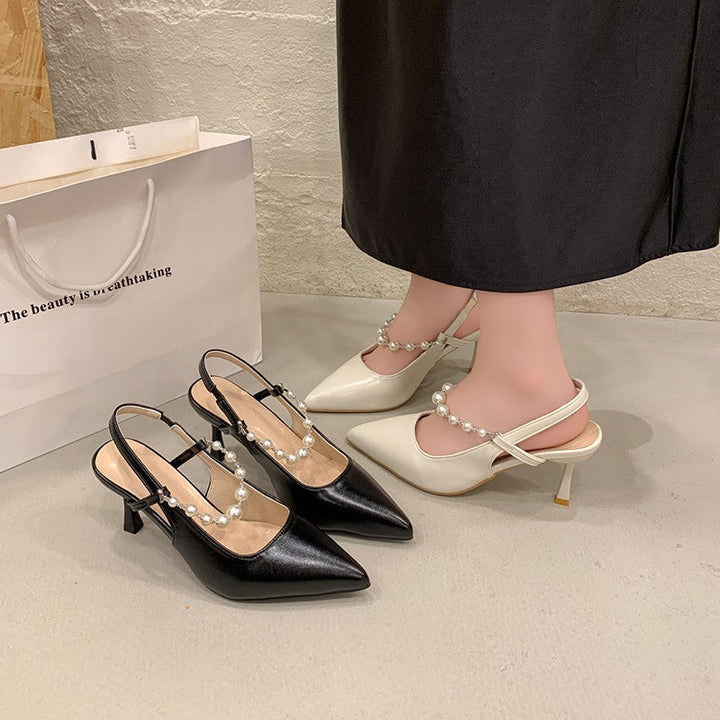 Women French Style Pearl Closed Toe Sandals, 2026 Summer New Pointed Toe Stiletto Backless High Heels, Fairy Style Single Shoes