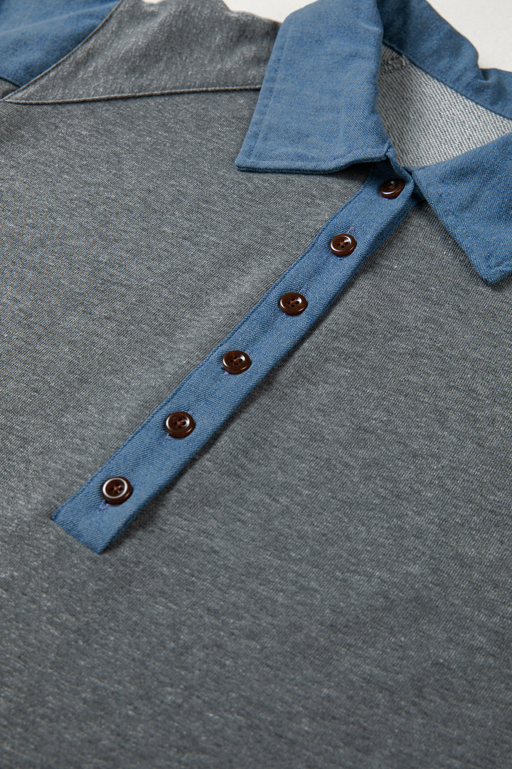Carbon Grey Denim Color Block Patchwork Shirt Collar Short Sleeve Blouse