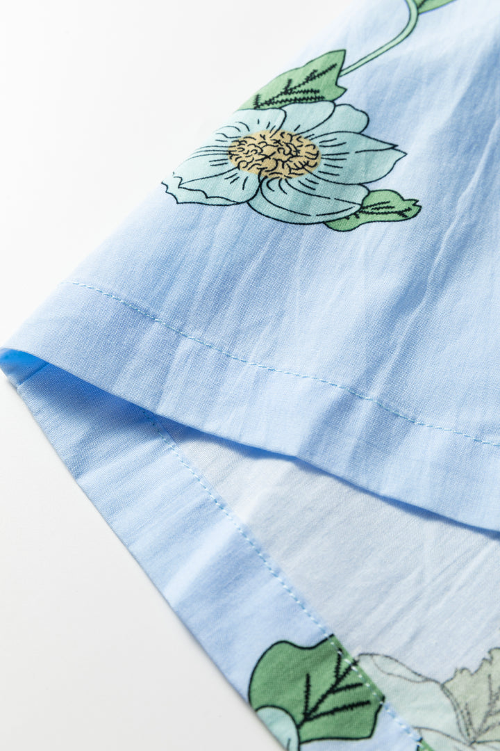 Sky Blue Floral Print Contrast Striped Trim Ruffled V Neck Fall Blouse