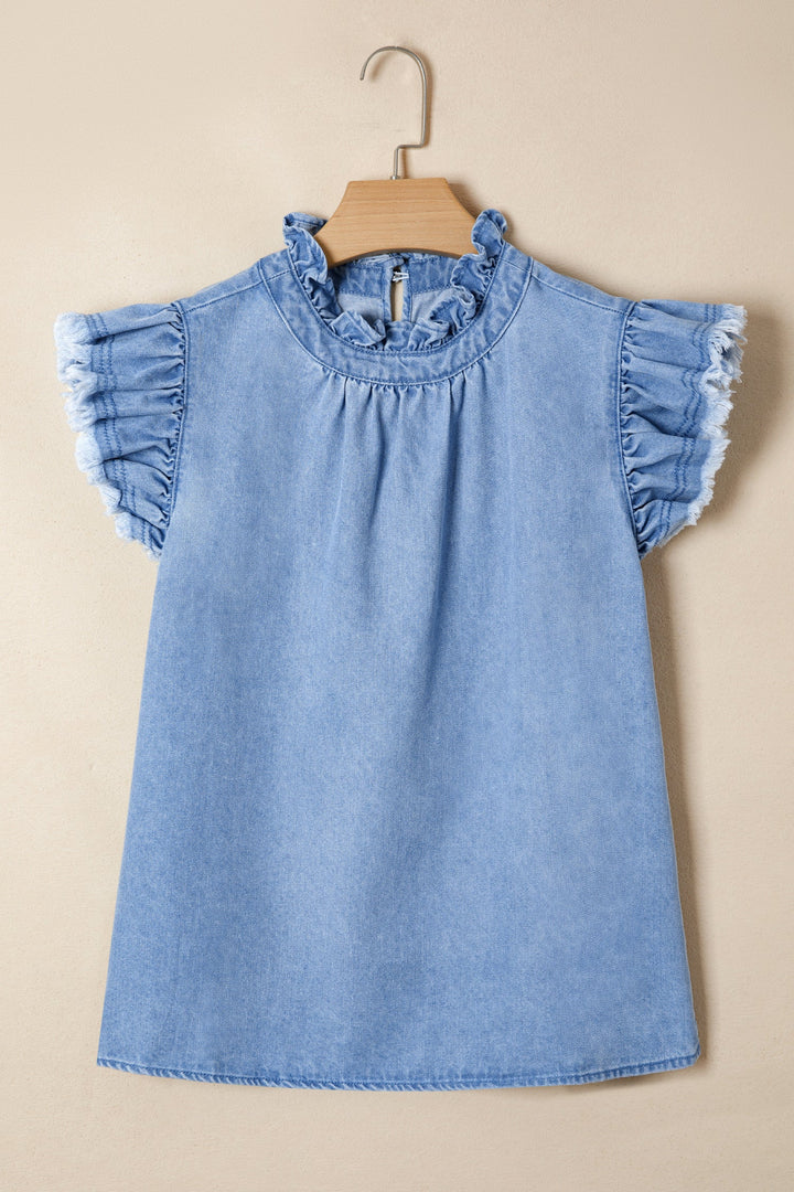 Frilled Collar Flutter Sleeve Denim Top