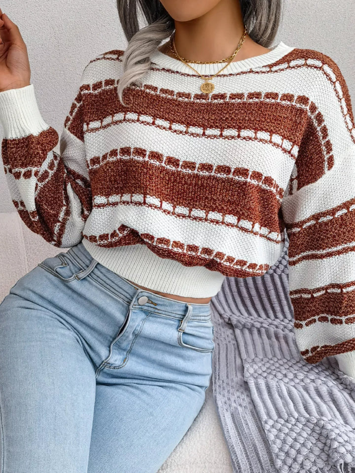 Color Block Round Neck Cropped Sweater