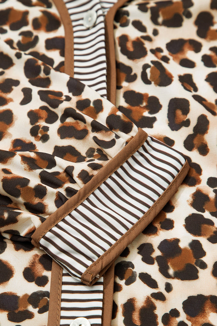 Brown Leopard Print Striped Patchwork 3/4 Sleeve Loose Mini Dress