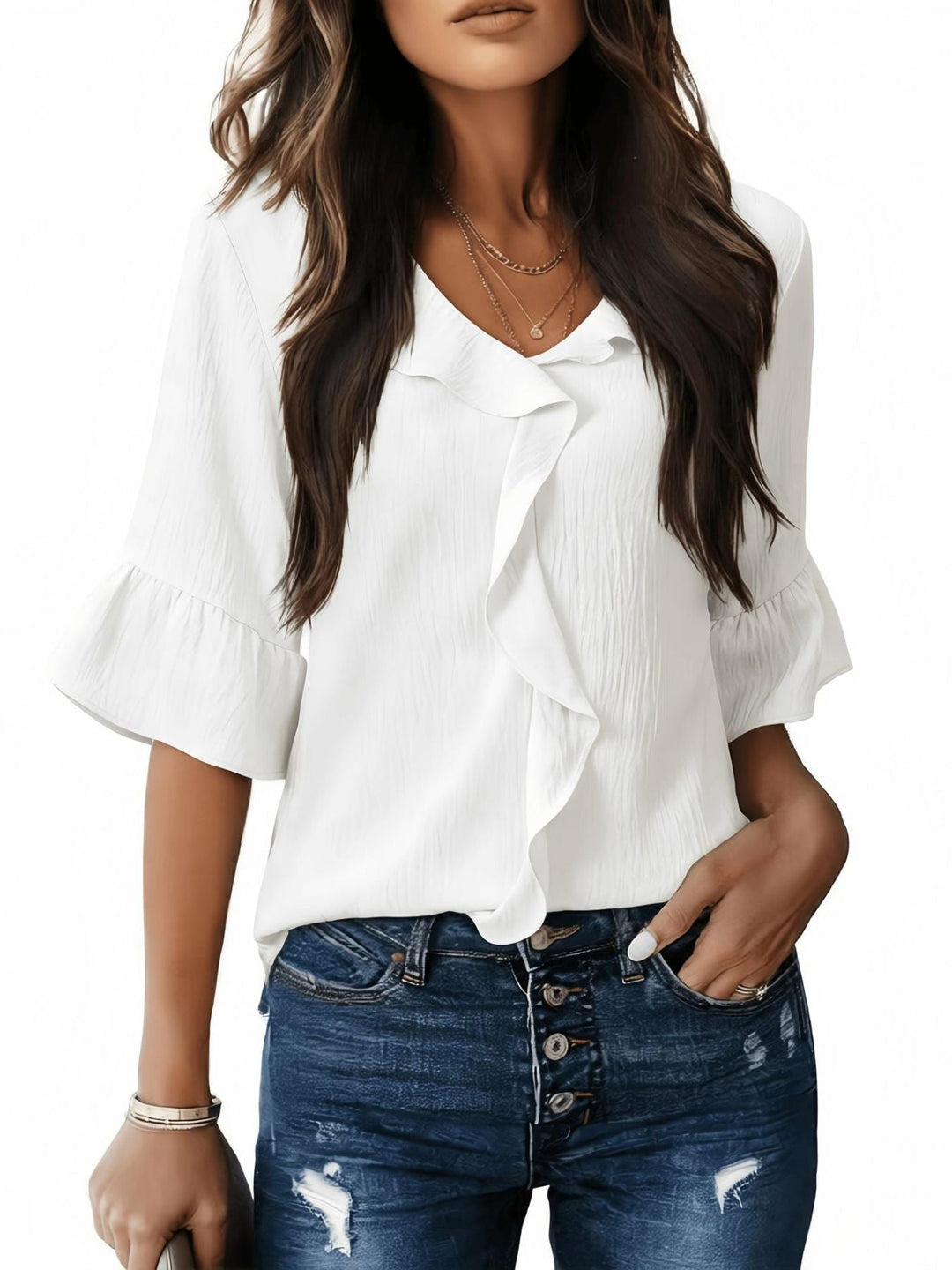 Ruffle V-Neck Flounce Sleeve Blouse