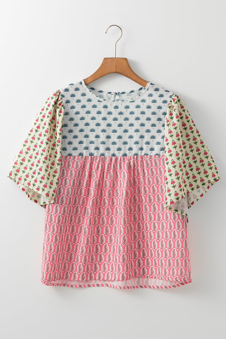 Red Floral Colorblock Flutter Cape Style Sleeves Blouse