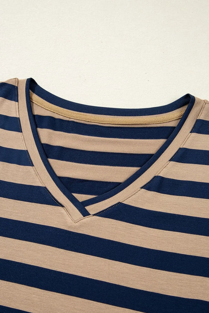 Casual Striped V-Neck Midi T-Shirt Dress