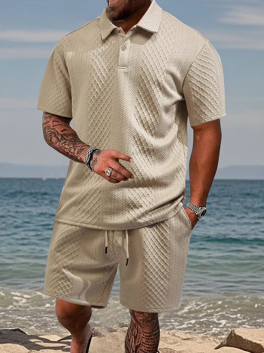 Men's Full Size Textured Knit Polo Shirt & Shorts Set Plus Size