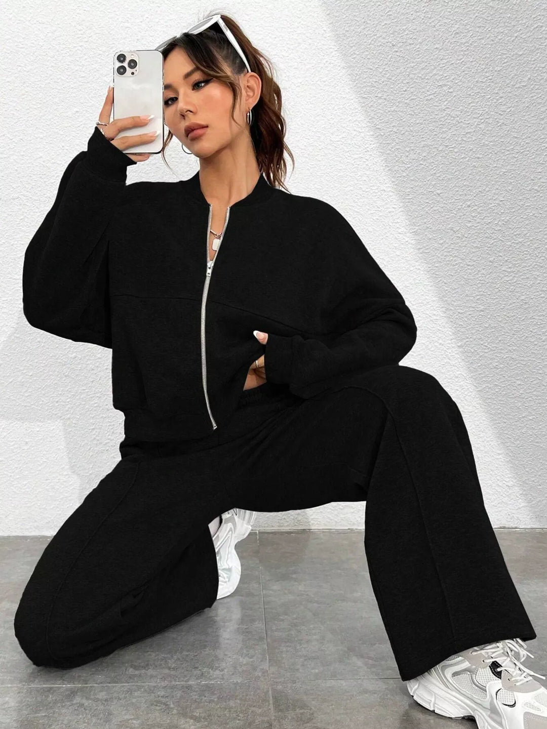 Casual Solid Color Zipper Jacket and Wide Leg Pants Set