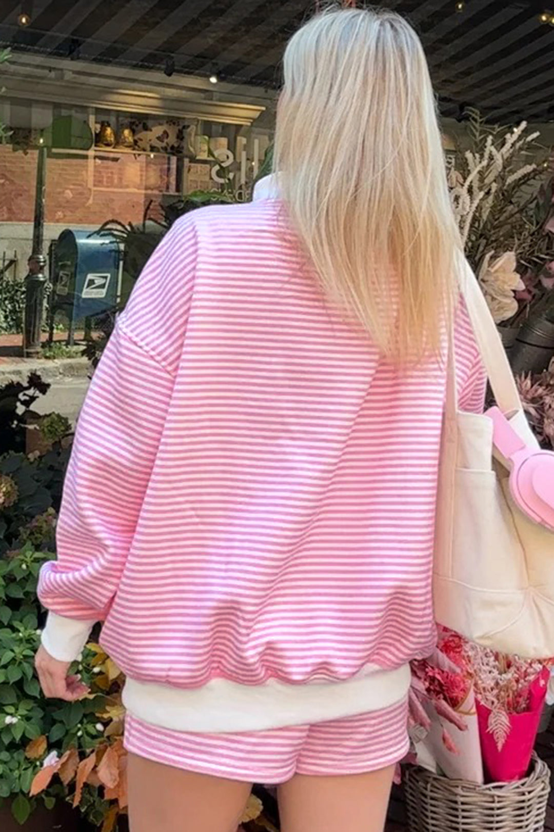 Pink Stripe Oversize Mock Neck Sweatshirt and Shorts Set