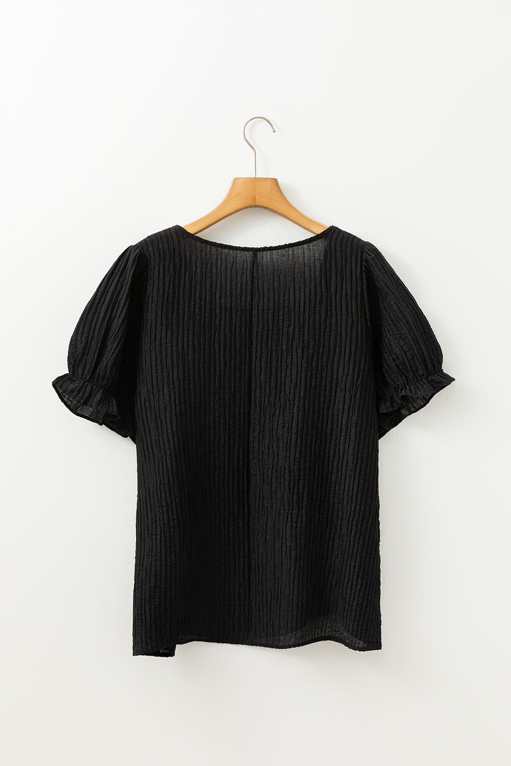 Haut fluide noir à col carré et manches courtes à volants, motif floral au crochet, grande taille