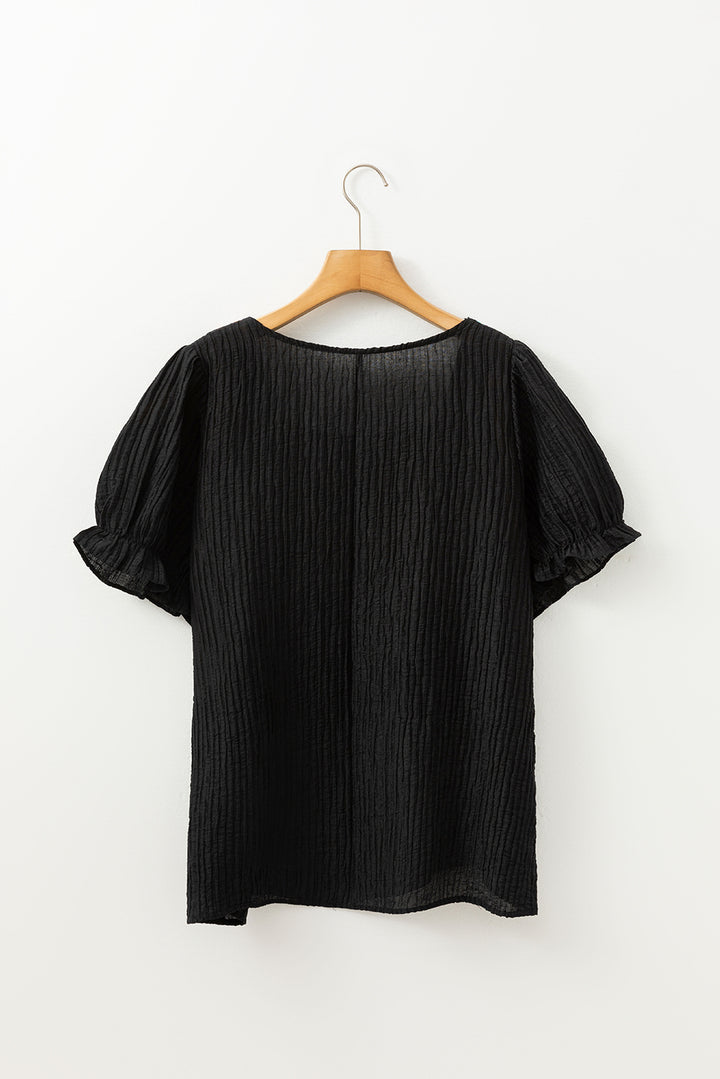 Haut fluide noir à col carré et manches courtes à volants, motif floral au crochet, grande taille